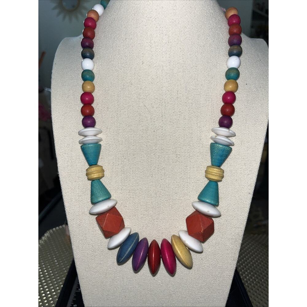 Vintage Rainbow Multi color shapes vintage wood beaded necklace 23"